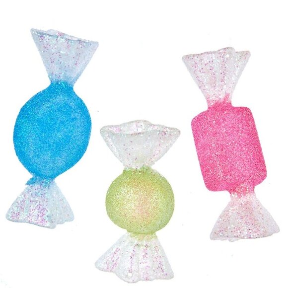 Candy Pieces Pink Green Blue Ornament 3.5" Set 3 Plastic Retro Christmas - Picture 1 of 5